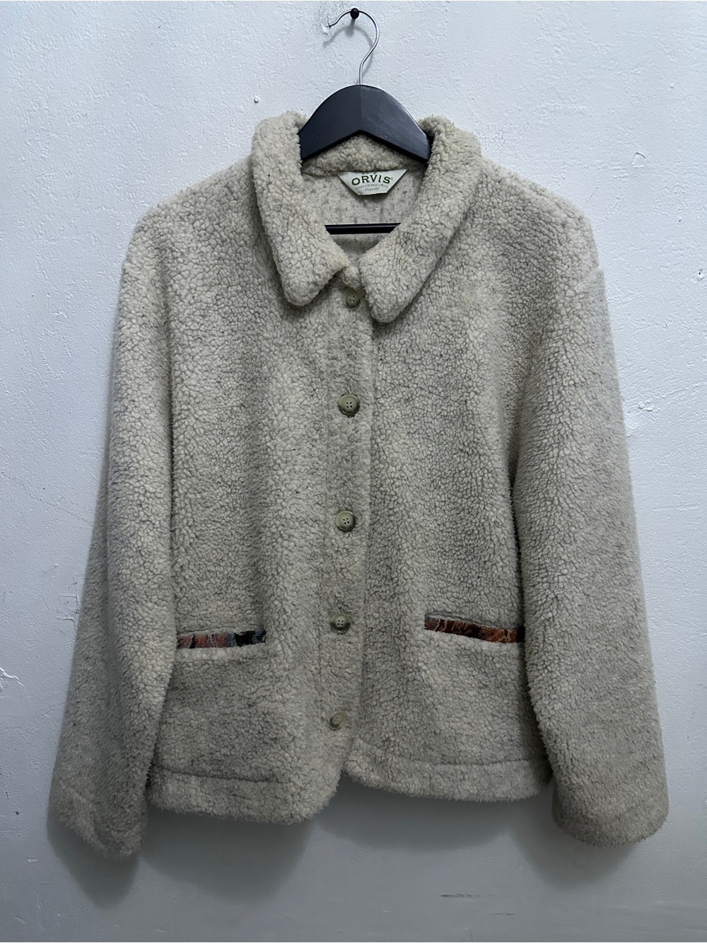 Orvis Women’s L Sherpa Fleece Jacket Cream Beige Button Front Tapestry Trim